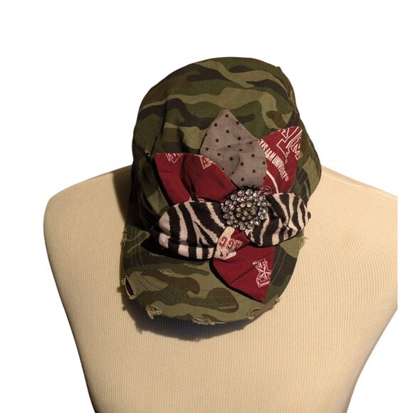 KBETHOS Camo Cadet Hat Distressed Fabric Flower Rhinestone Texas A&M - Picture 2 of 5